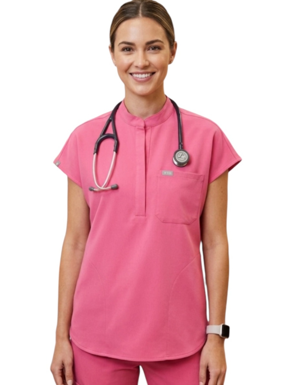 FIGS Montex Relaxed Scrub Top Women XL Bright Pink Mock Neck Pocket⁠
CC